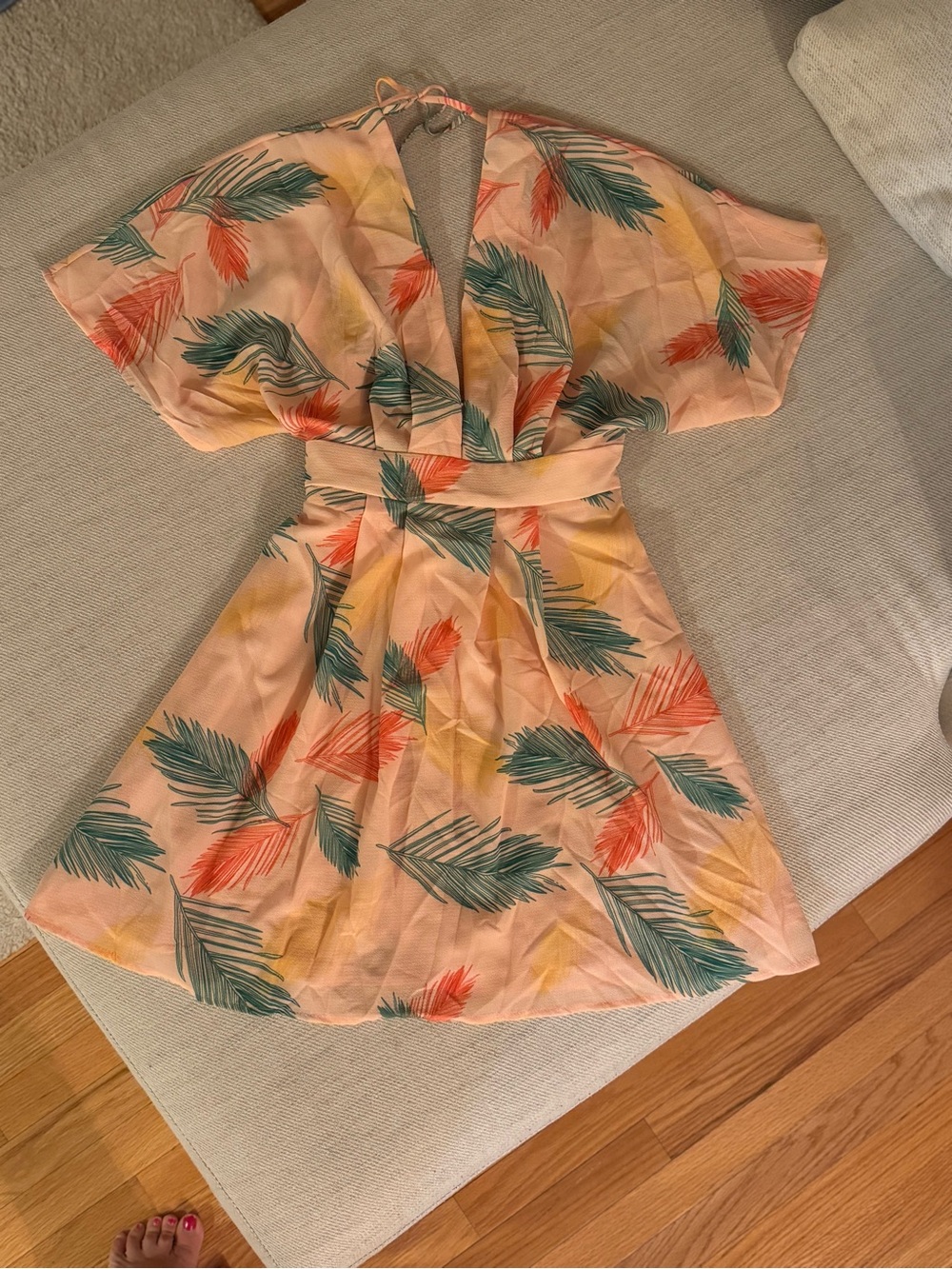 Peach Tropical Print V-Neck Women’s Romper